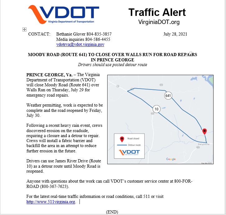 TA.7.27.2021 Moody Road to close for road repairs in Prince George